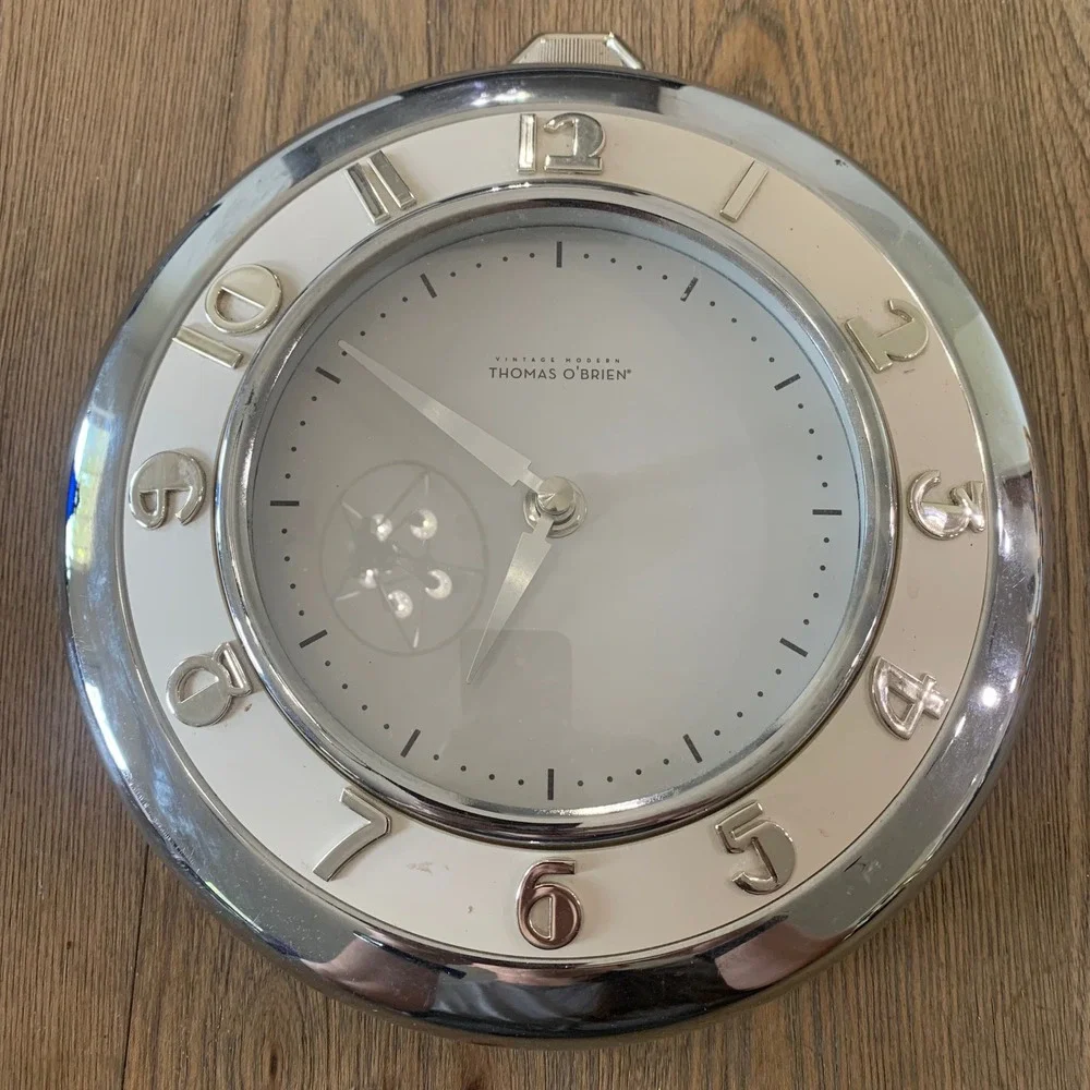 Thomas O'Brien Vintage Modern Silver Wall Clock Pocket Watch Style Round Metal